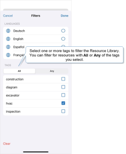 The filters menu in the Resource Library on the Mobile App. Language filters available are German, English, Spanish, and French. Tags available include construction, diagram, excavator, hvac, and inspection. The hvac tag is selected.